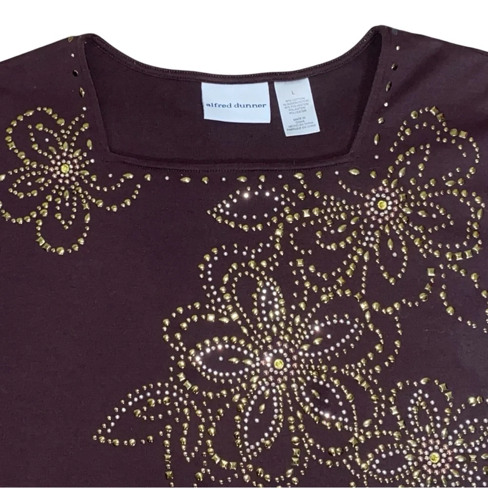 Alfred Dunner Floral Studded Brown/Metallic Square Neck 3/4 Sleeve Top - Picture 3 of 4